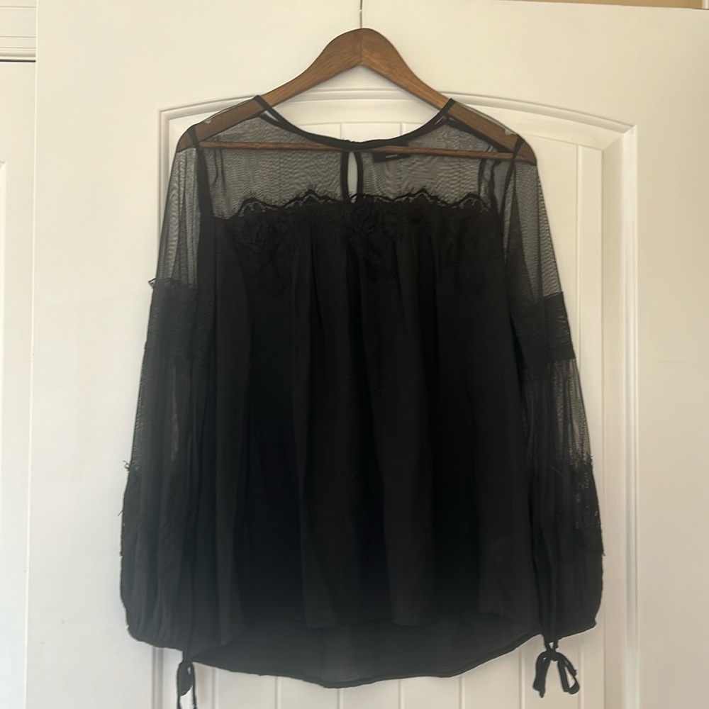 Vici Black Lace Mesh Long Sleeved Tie Blouse - Picture 2 of 11